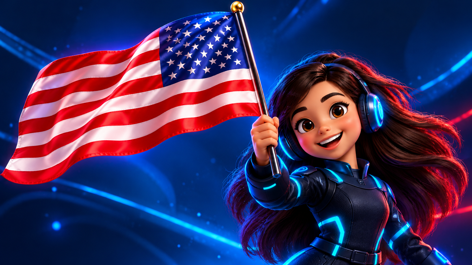 Personagem 3D segurando a bandeira dos Estados Unidos